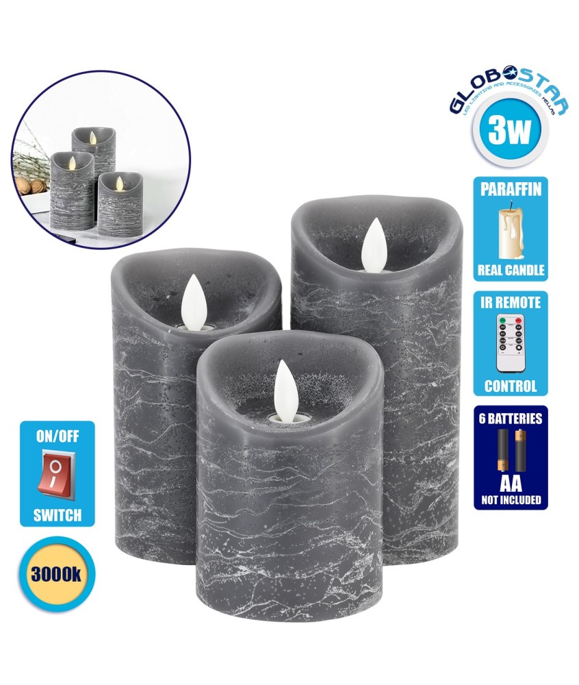 GloboStar® 79559 ΣΕΤ 3 Διακοσμητικών Realistic Κεριών Παραφίνης με LED Εφέ Κινούμενης Φλόγας - Μπαταρίας & Ασύρματο Χειριστήριο IR Γκρι με Ασημένιες Ρίγες Θερμό Λευκό 3000K Dimmable